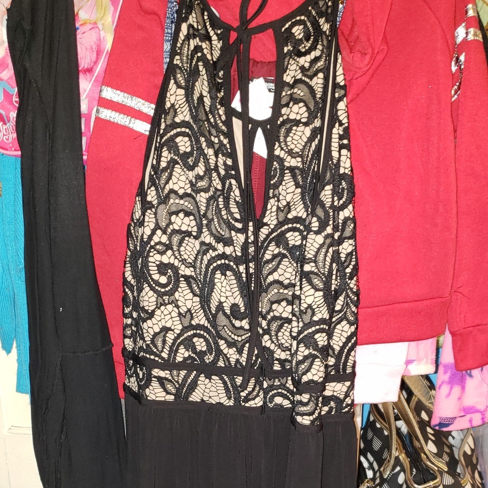 Nude and black lace maxi dress